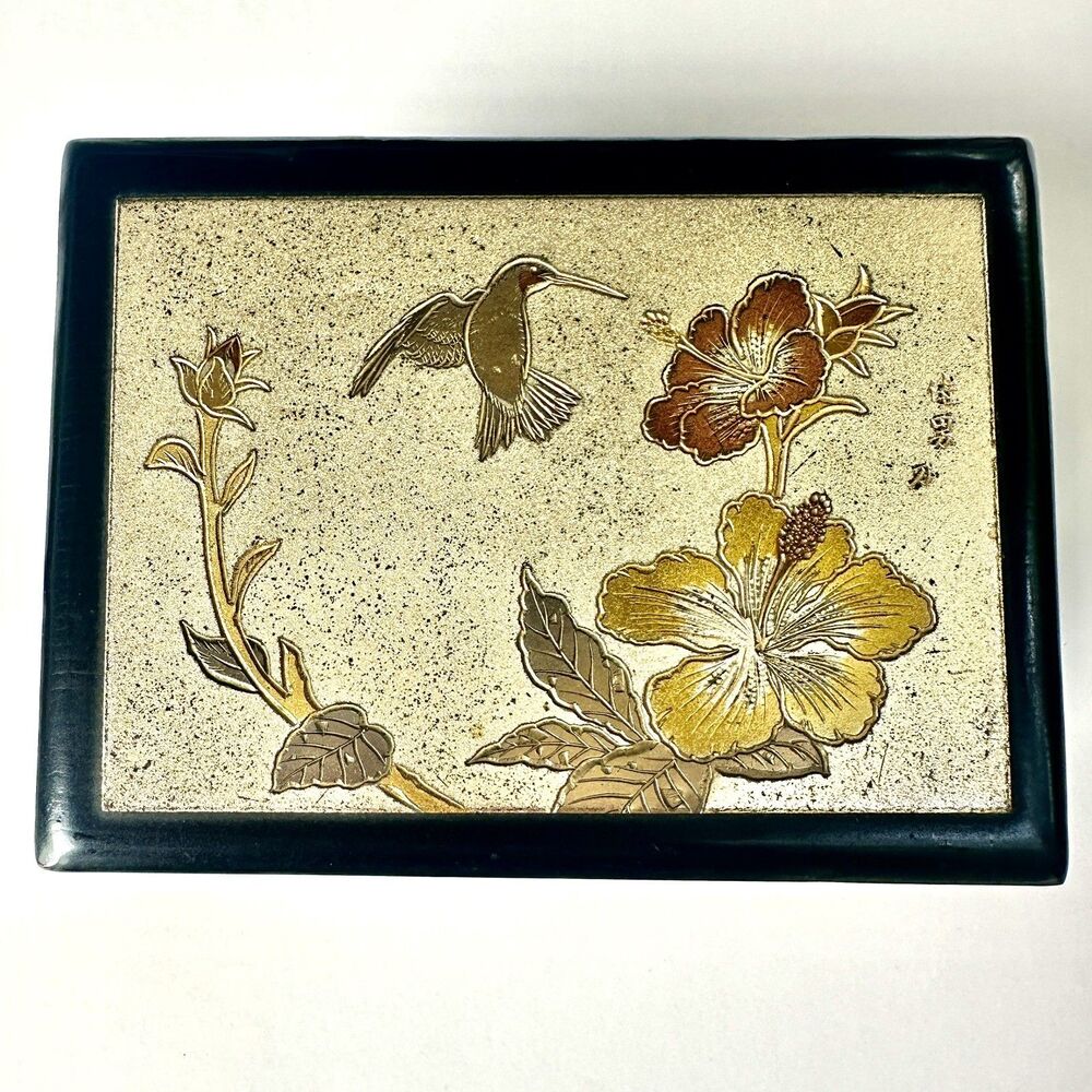 Vintage Musical Jewelry Box Black Lacquer Hummingbird 4611 Japan The Way We Were